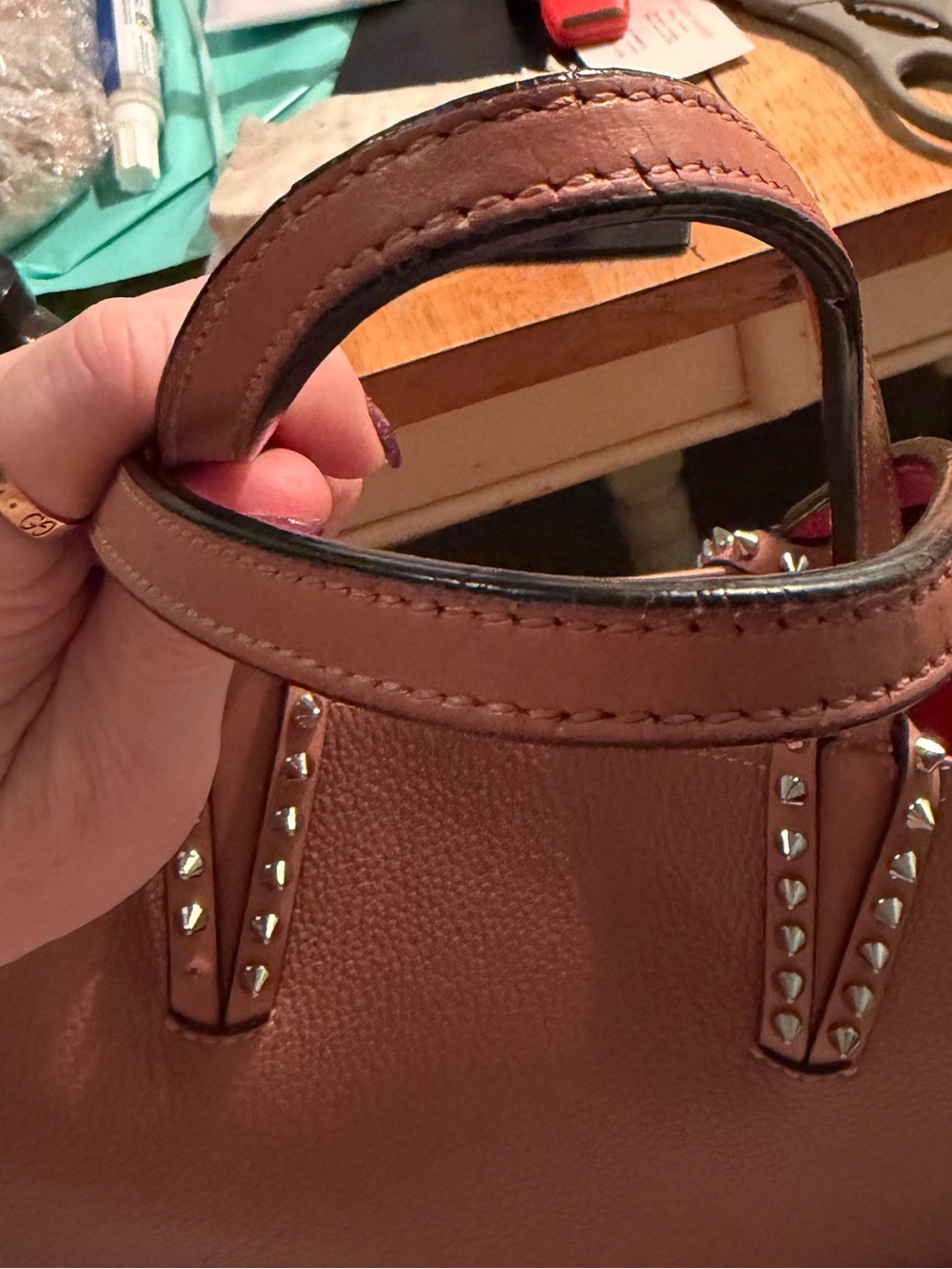Christian Louboutin Brown Stud-Trim Leather Tote with Red Base - Picture 3 of 10
